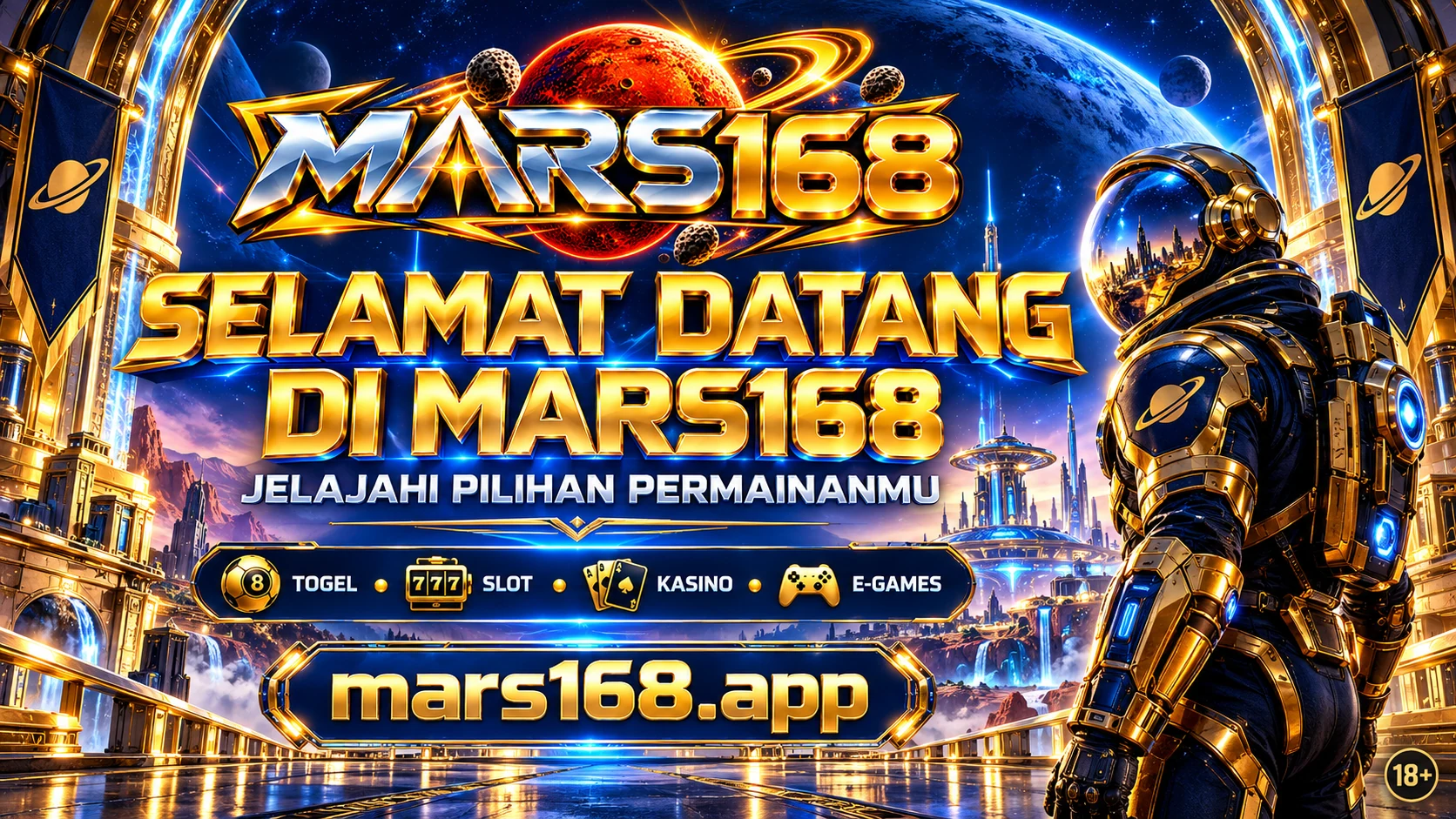 Banner sambutan MARS168.APP dengan penjelajah astronot di kota futuristik biru emas