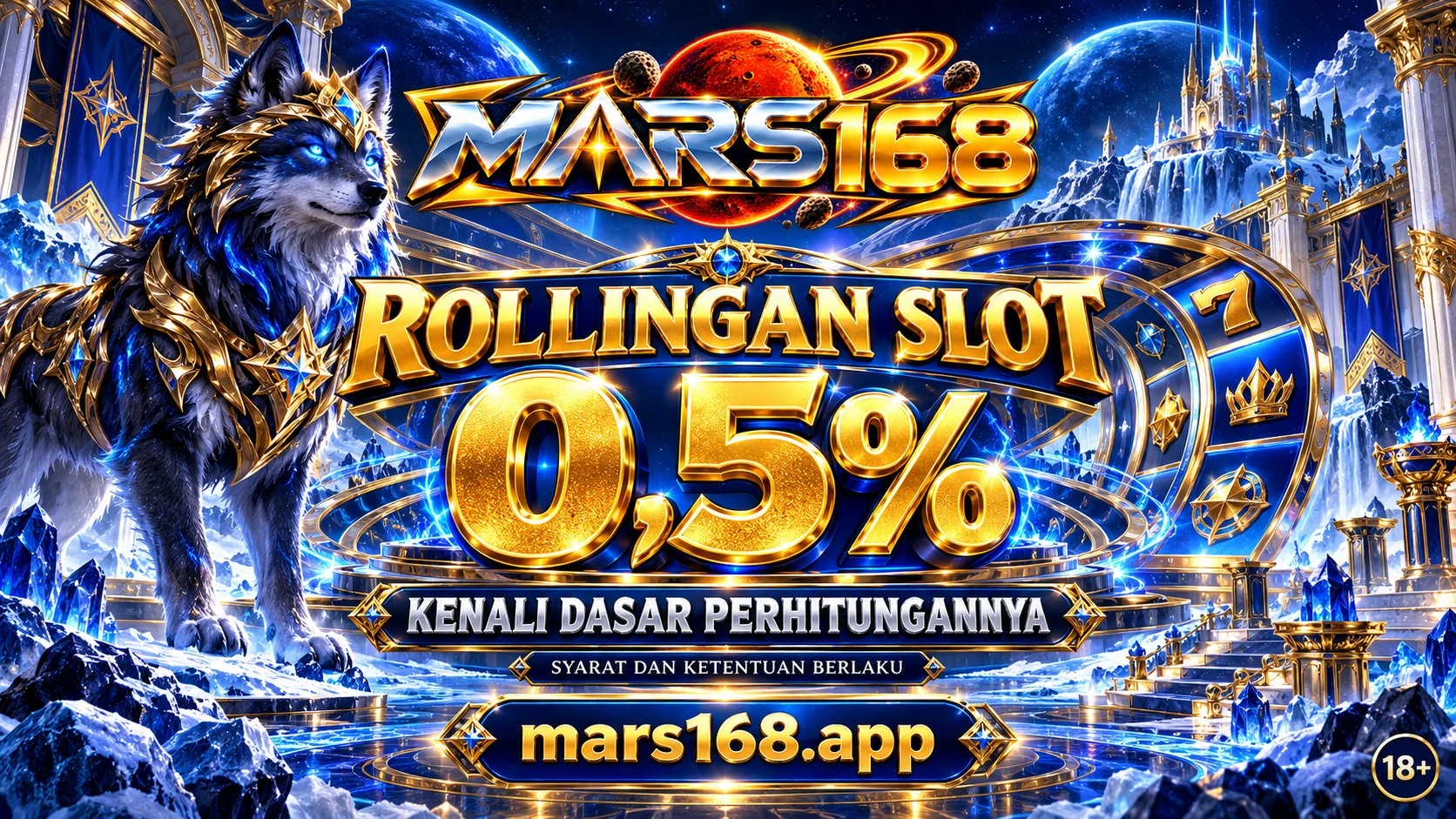 Rollingan slot MARS168.APP 0,5 persen dengan serigala dan slot reel biru emas